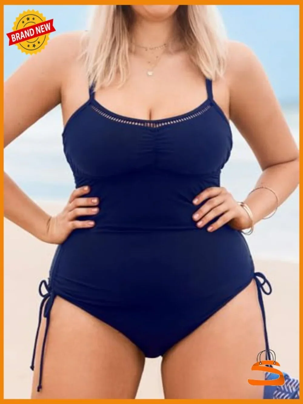 Plus Size One Piece Swimsuit Scoop Neck Cutouts Side Drawstring Adjustable